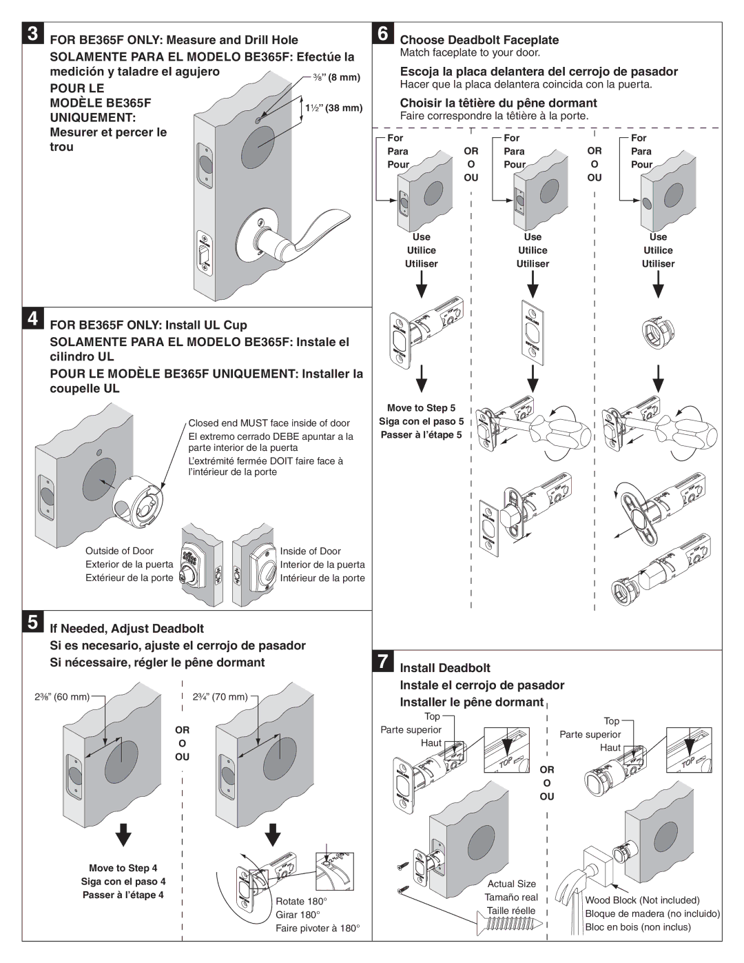 Schlage BE365F installation instructions Choose Deadbolt Faceplate, Escoja la placa delantera del cerrojo de pasador 