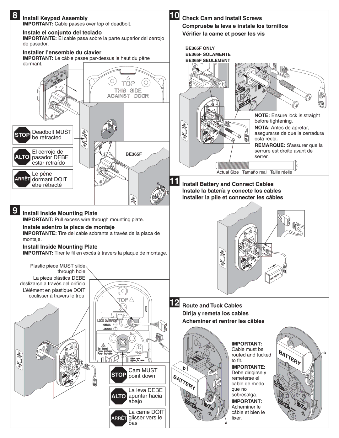 Schlage BE365F Install Keypad Assembly, Instale el conjunto del teclado, Installer l’ensemble du clavier 