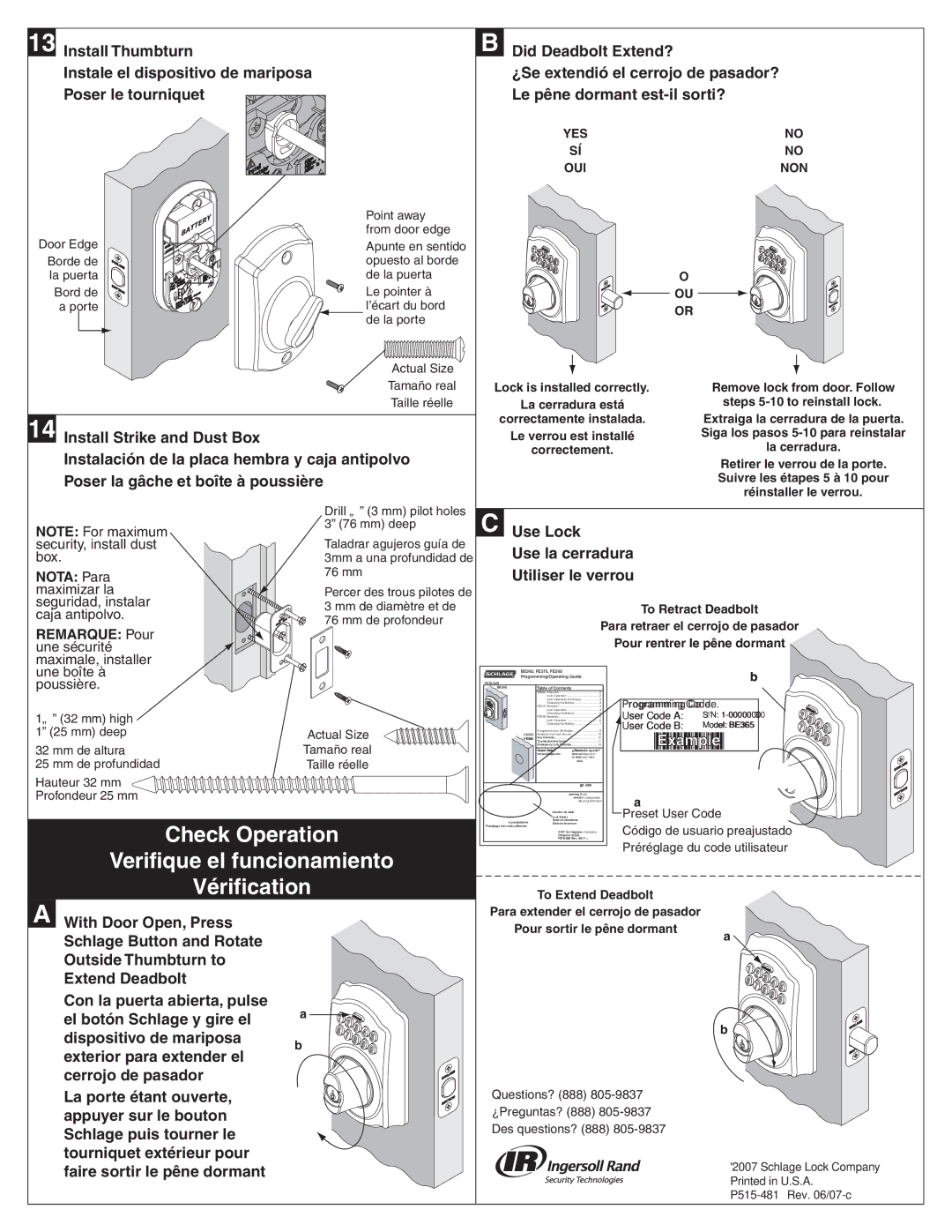 Schlage BE365F Check Operation, Verifique el funcionamiento Vérification, Use Lock Use la cerradura Utiliser le verrou 