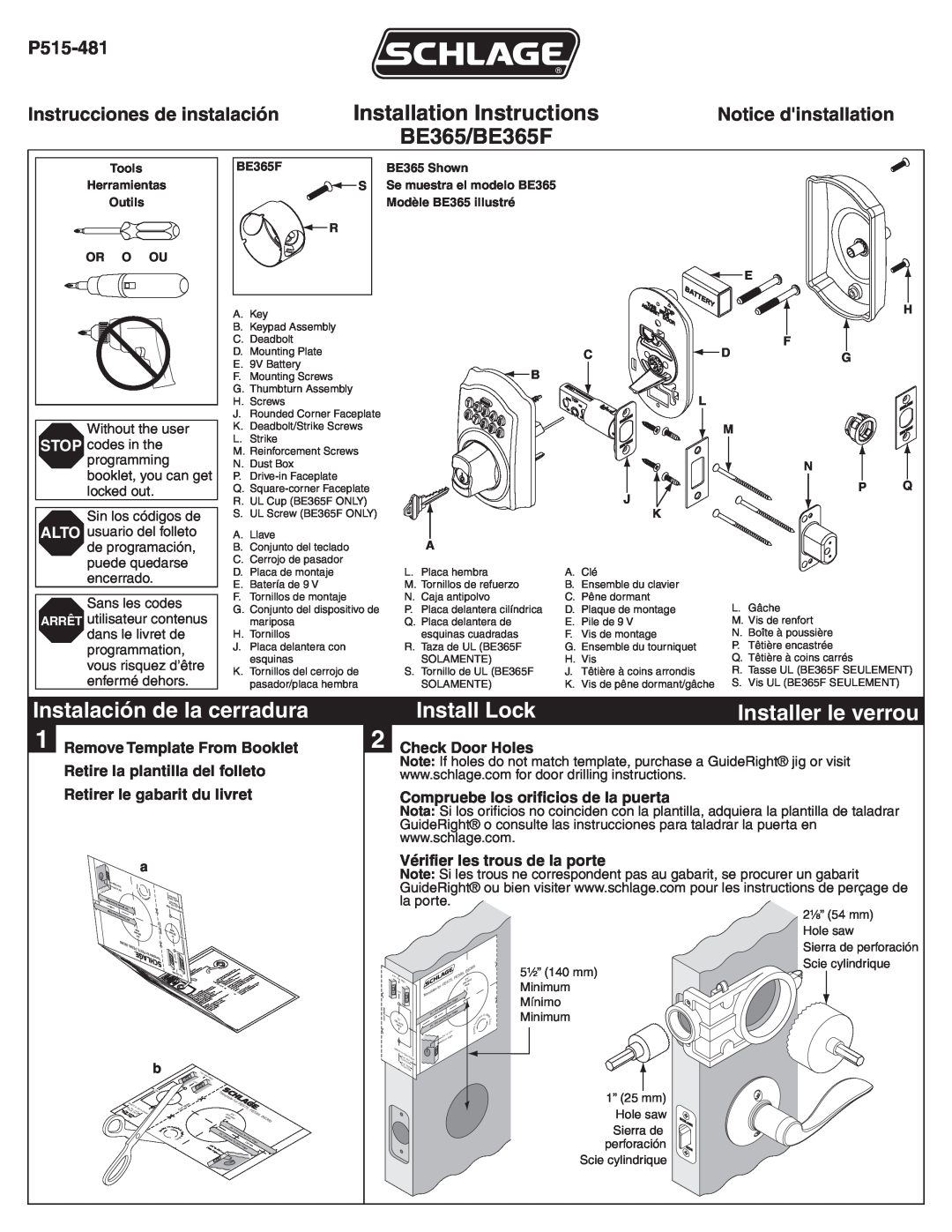 Schlage installation instructions Instalación de la cerradura, Install Lock, Installation Instructions BE365/BE365F 