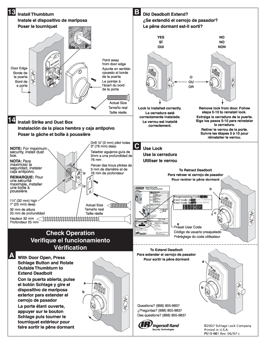 Schlage BE365F installation instructions Check Operation, Verifique el funcionamiento Vérification 