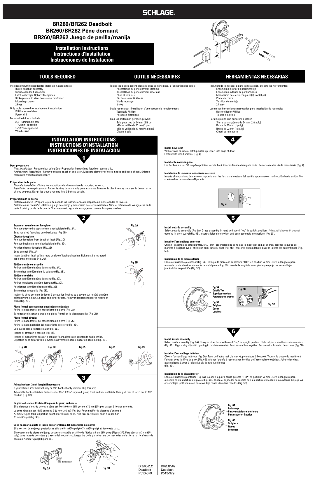 Schlage BR260, BR262 installation instructions Tools Required, Outils Nécessaires, Herramientas Necesarias 