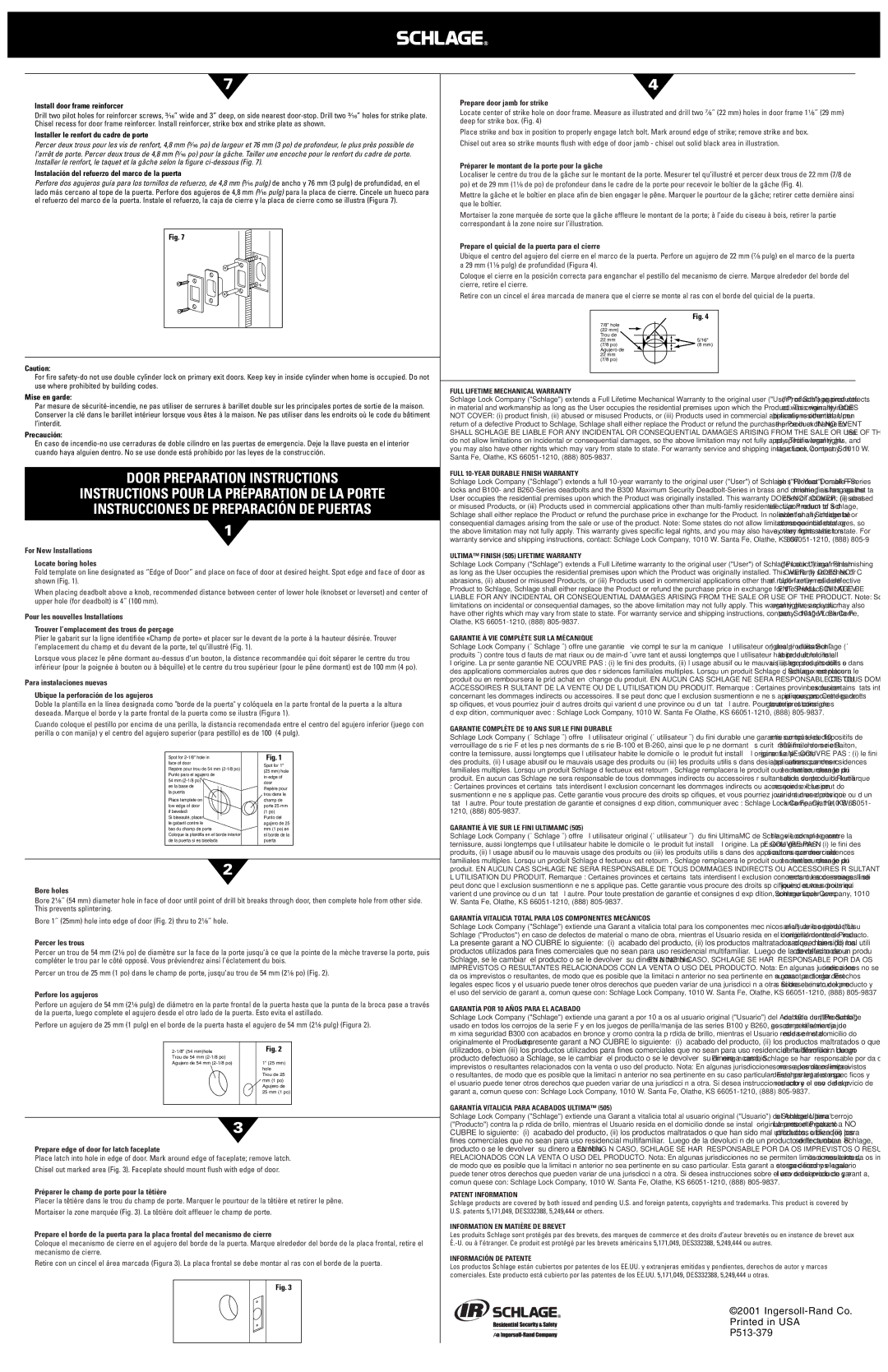 Schlage BR262, BR260 installation instructions Door Preparation Instructions, Instrucciones DE Preparación DE Puertas 