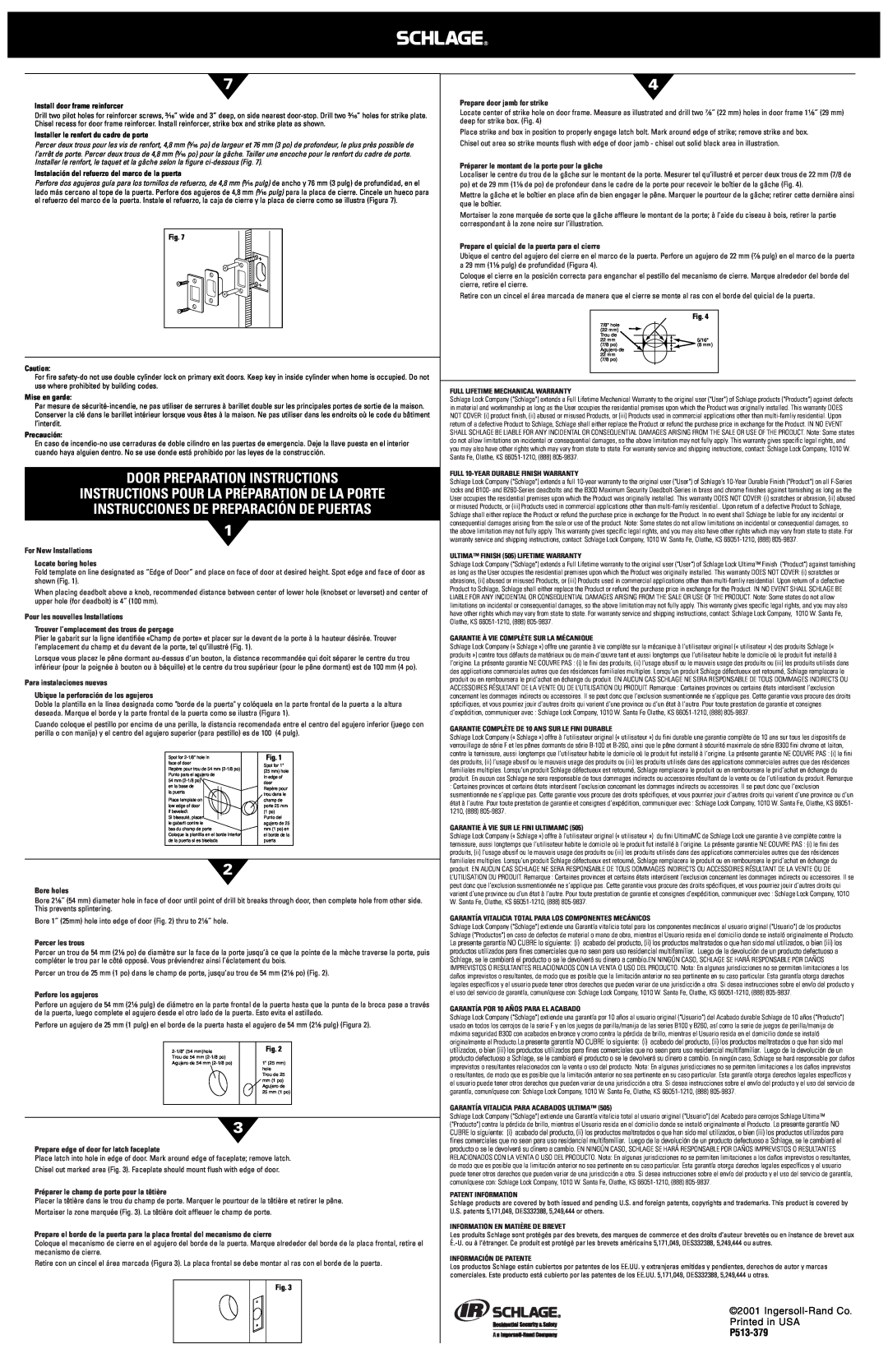 Schlage BR262, BR260 Door Preparation Instructions, Instrucciones De Preparación De Puertas, Ingersoll-RandCo, P513-379 