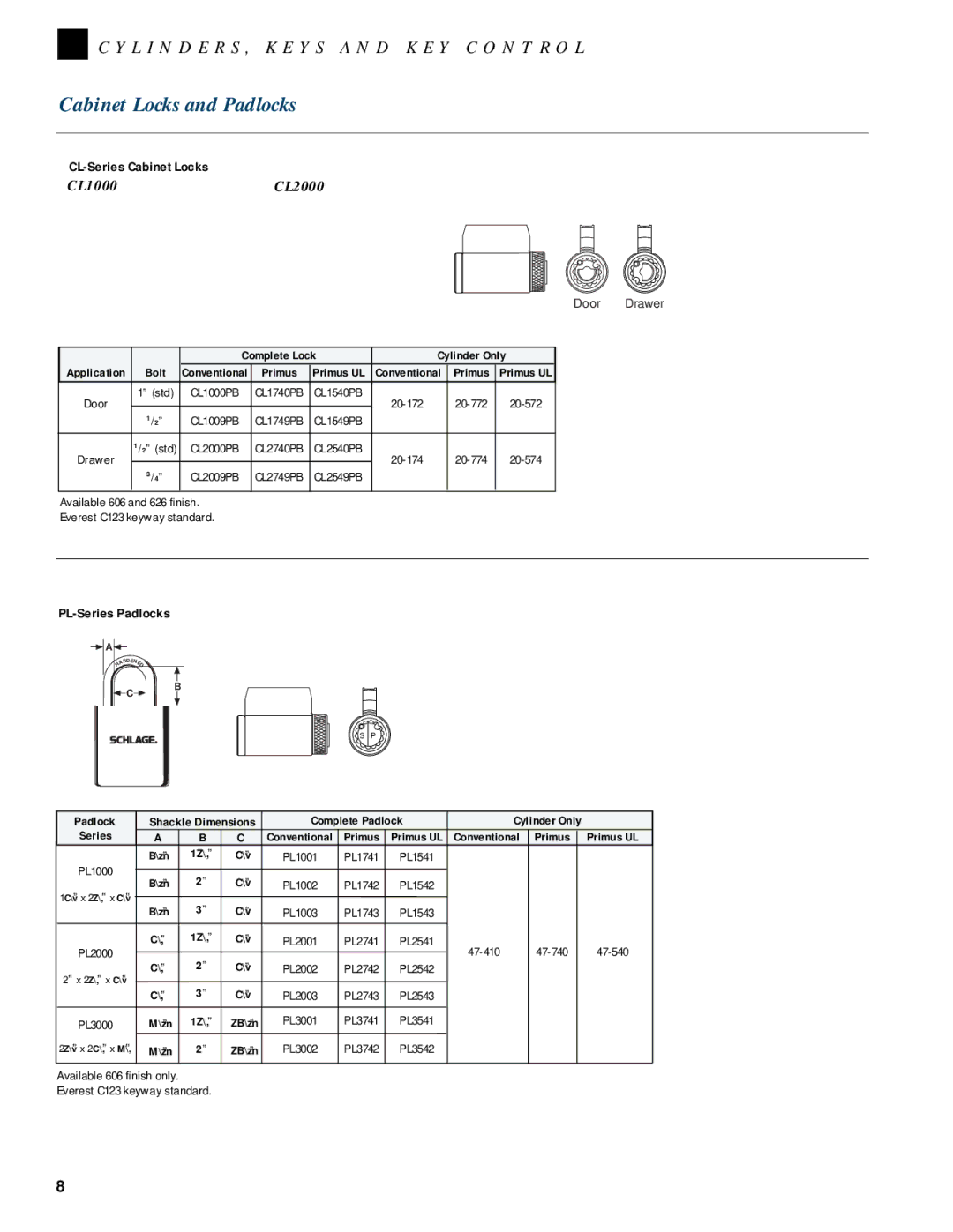 Schlage CYLINDERS, KEYS AND KEY CONTROL manual Cabinet Locks and Padlocks, CL-Series Cabinet Locks, PL-Series Padlocks 