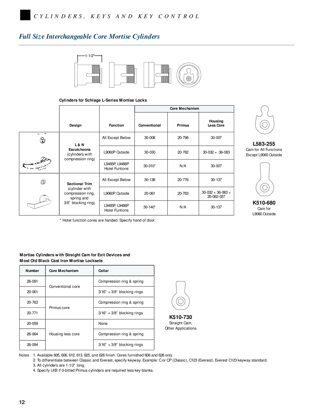 Schlage CYLINDERS Full Size Interchangeable Core Mortise Cylinders, Design, Conventional, Number Core Mechanism Collar 