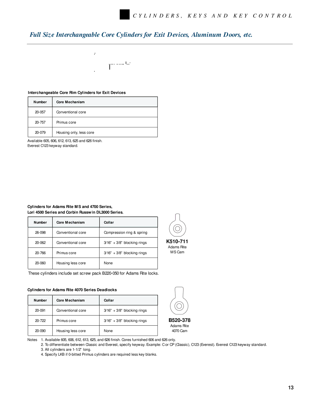 Schlage KEYS AND KEY CONTROL, CYLINDERS manual Interchangeable Core Rim Cylinders for Exit Devices, Number Core Mechanism 