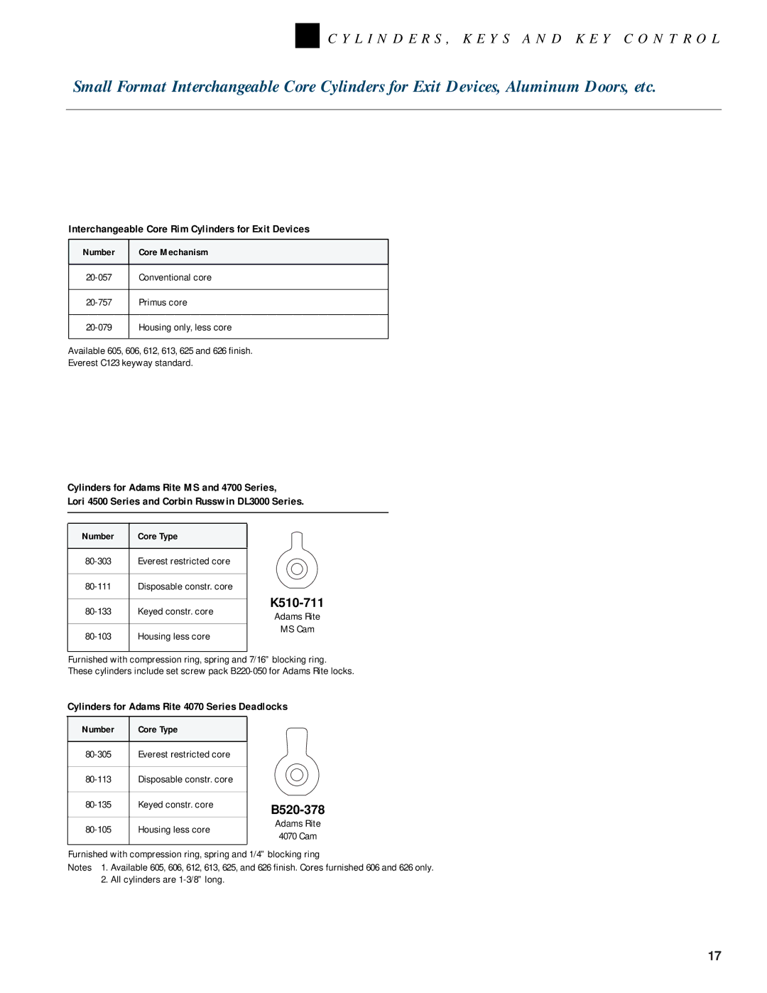 Schlage KEYS AND KEY CONTROL, CYLINDERS manual Adams Rite MS Cam 