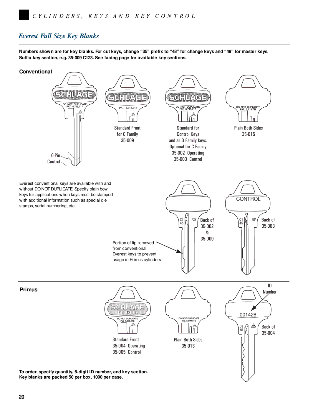 Schlage CYLINDERS, KEYS AND KEY CONTROL manual Everest Full Size Key Blanks, Conventional, Primus 