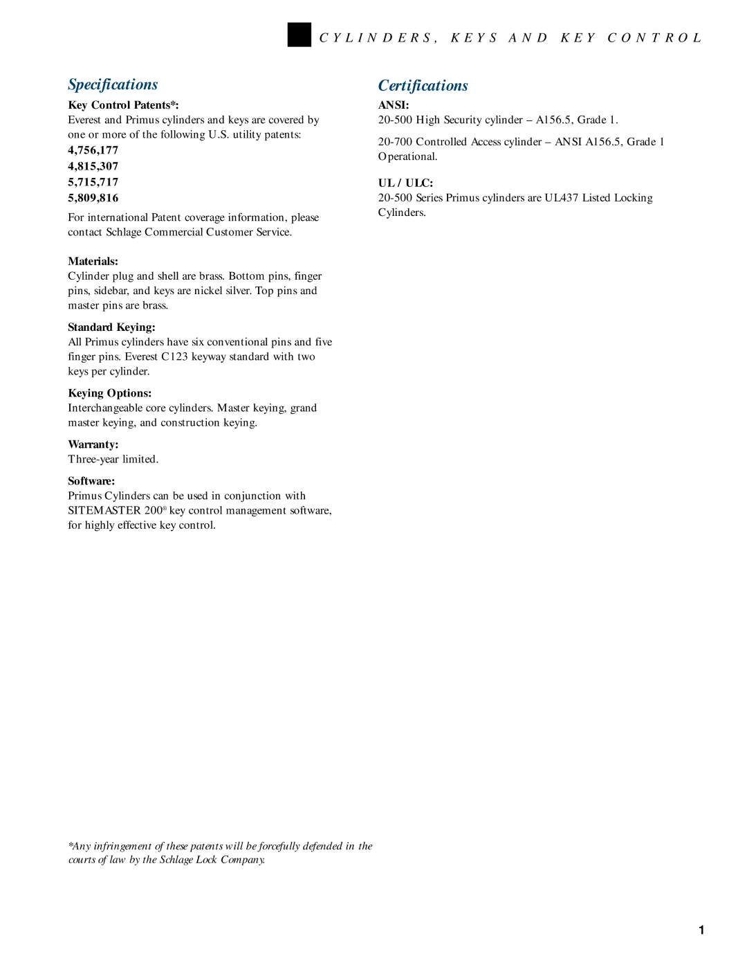 Schlage KEYS AND KEY CONTROL, CYLINDERS manual Specifications, Certifications 