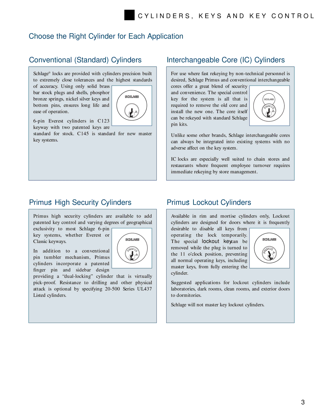 Schlage KEYS AND KEY CONTROL, CYLINDERS manual Primus High Security Cylinders, Primus Lockout Cylinders 