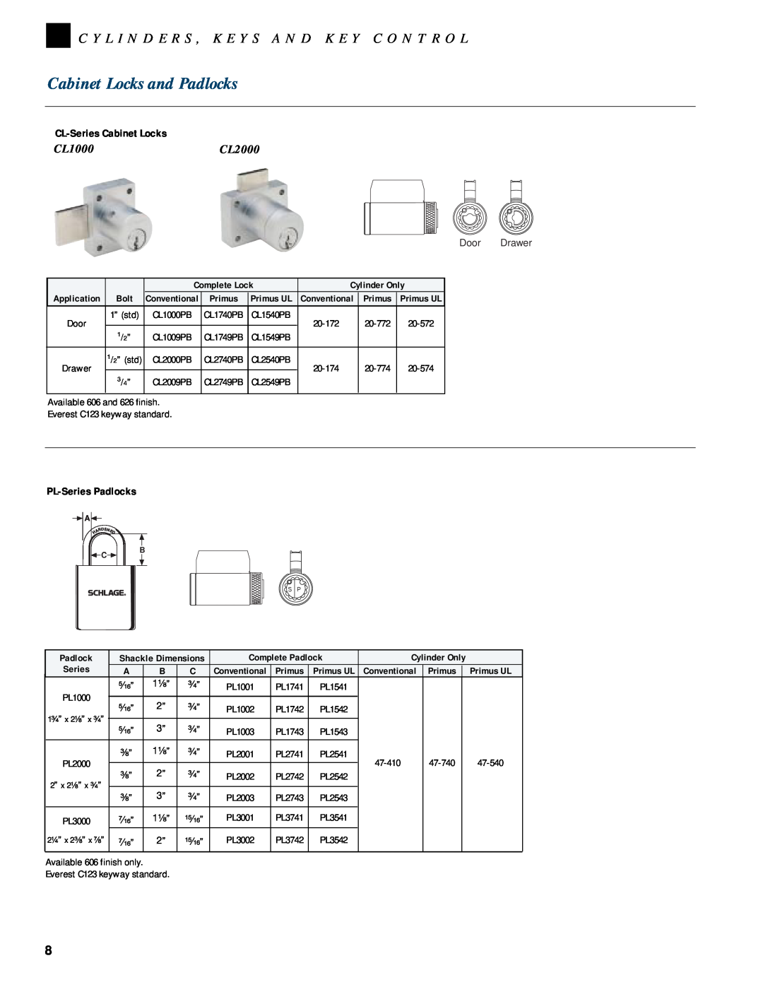 Schlage CYLINDERS manual Cabinet Locks and Padlocks, CL1000CL2000, CL-SeriesCabinet Locks, PL-SeriesPadlocks 