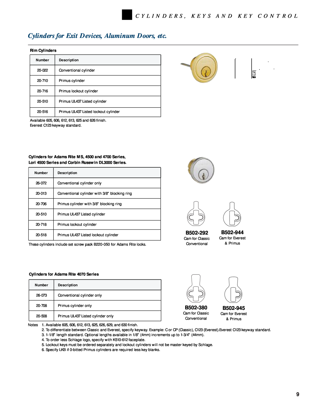 Schlage KEYS AND KEY CONTROL manual Cylinders for Exit Devices, Aluminum Doors, etc, B502-292, B502-944, B502-380, B502-945 