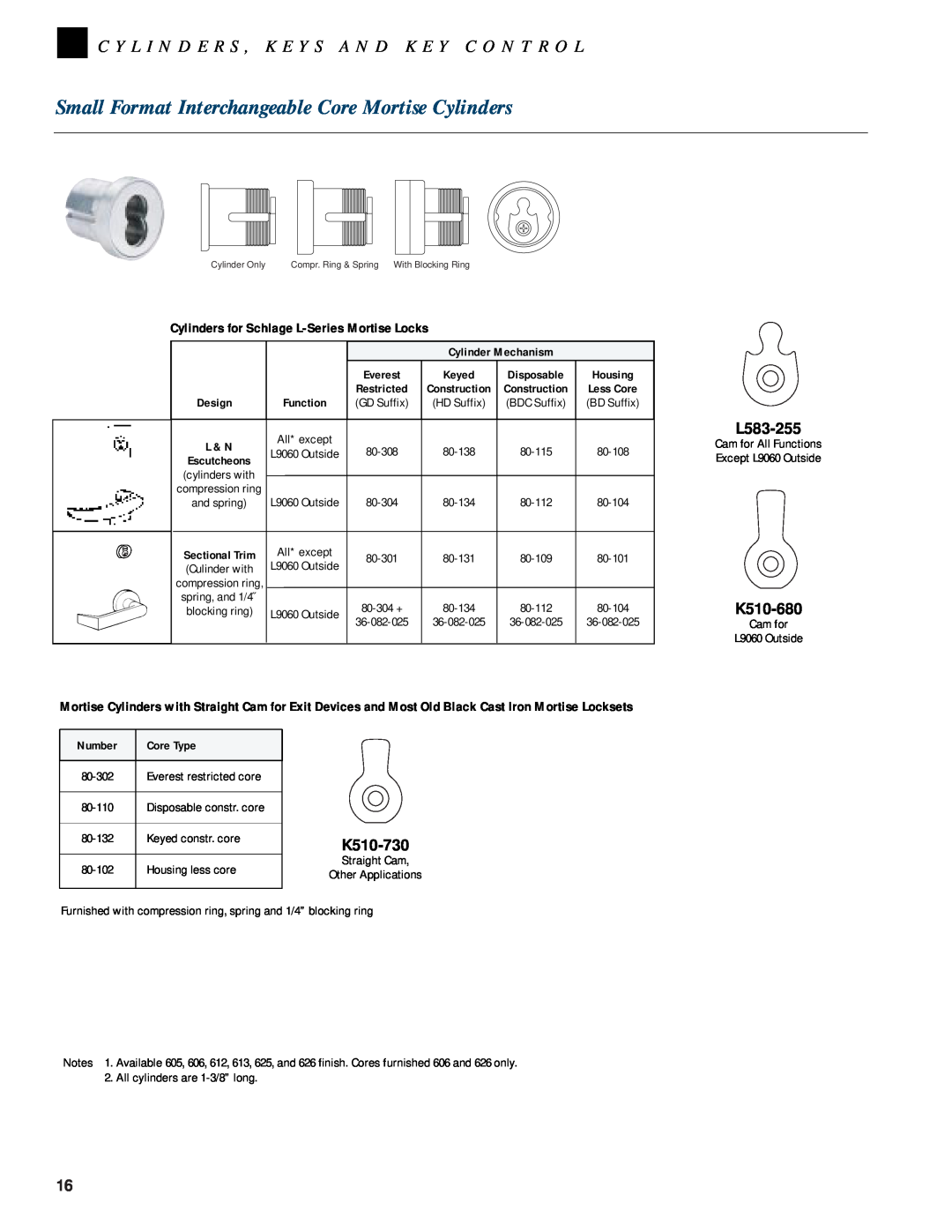 Schlage CYLINDERS manual L583-255, K510-680, K510-730, Cylinders for Schlage L-SeriesMortise Locks, Design, Function, L & N 