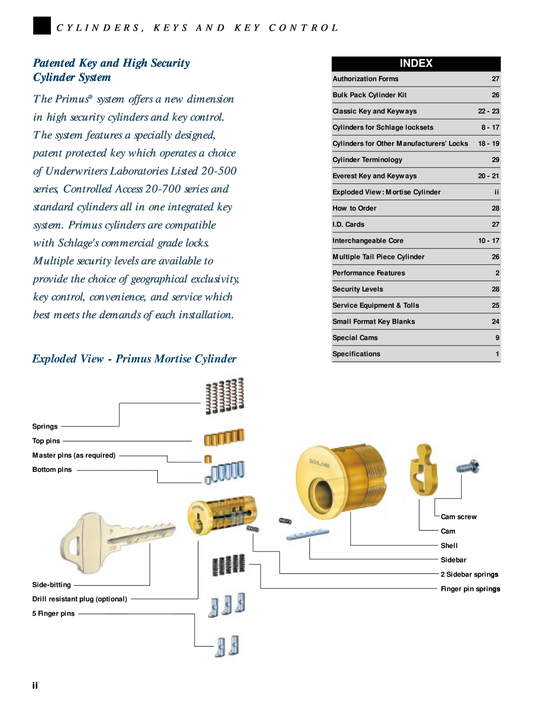Schlage CYLINDERS manual Patented Key and High Security Cylinder System, Exploded View - Primus Mortise Cylinder, Index 