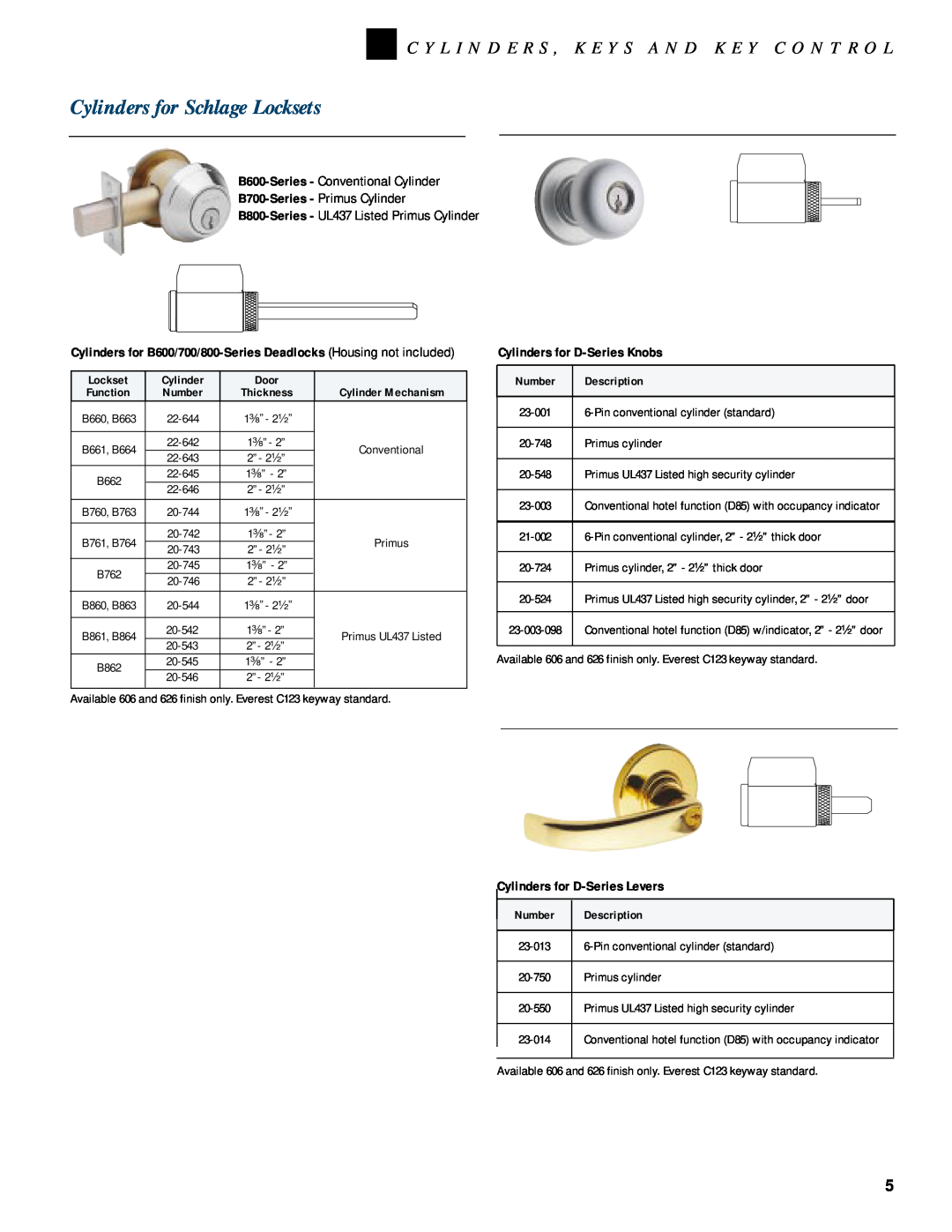 Schlage KEYS AND KEY CONTROL, CYLINDERS manual Cylinders for Schlage Locksets, B600-Series- Conventional Cylinder 