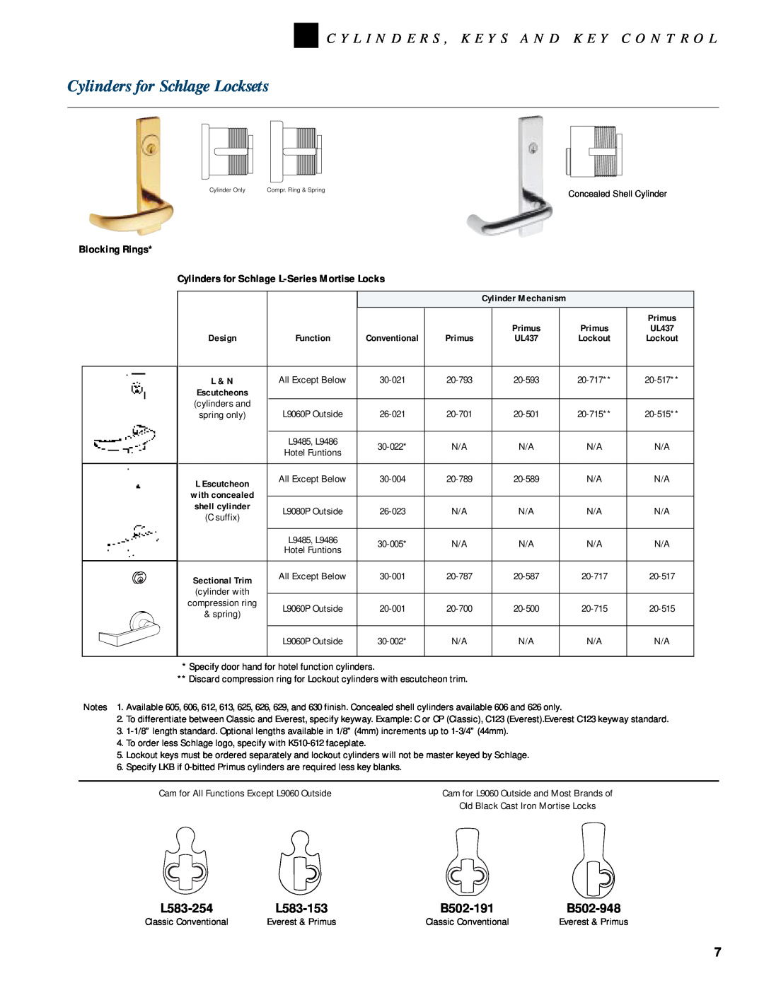 Schlage KEYS AND KEY CONTROL manual Cylinders for Schlage Locksets, L583-254, L583-153, B502-191, B502-948, Blocking Rings 