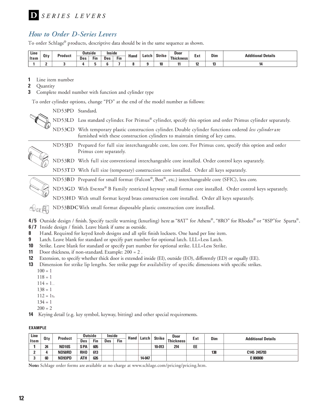 Schlage manual How to Order D-Series Levers, ND53LD 