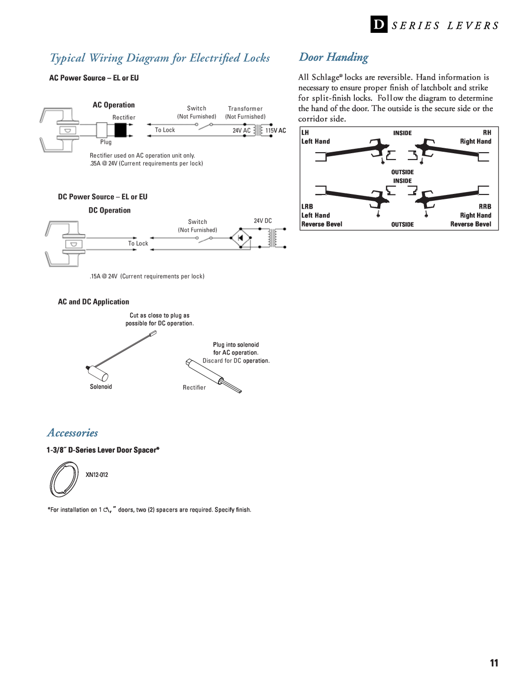 Schlage D-Series manual Typical Wiring Diagram for Electriﬁed Locks, Accessories, Door Handing 