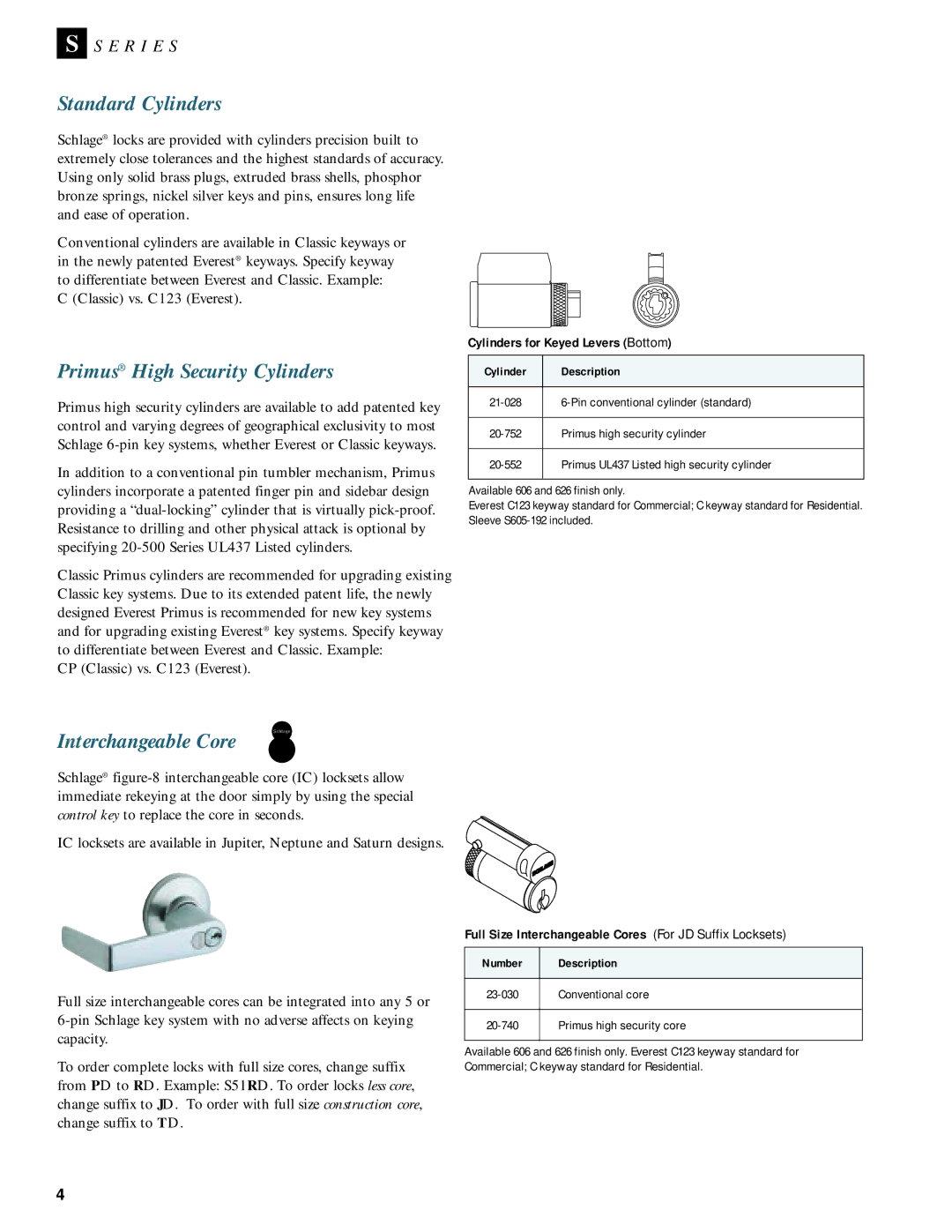 Schlage Door Locks manual Standard Cylinders, Primus High Security Cylinders, Interchangeable Core 