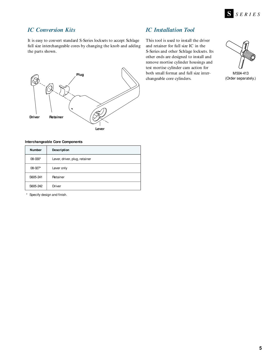 Schlage Door Locks manual IC Conversion Kits, Plug, Driver Retainer Lever Interchangeable Core Components 