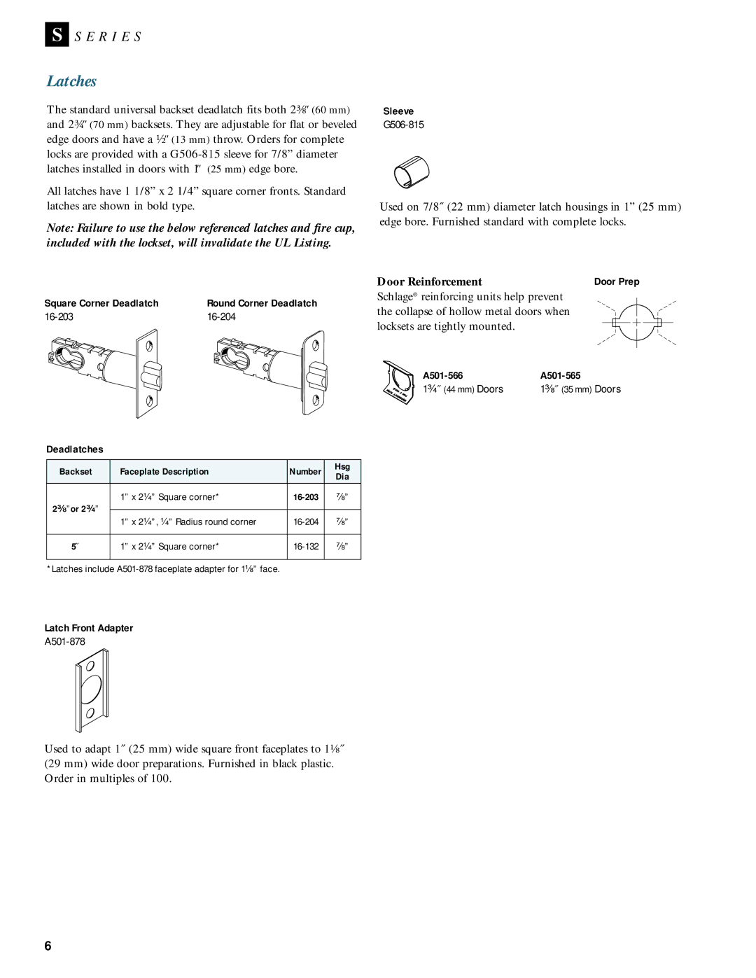 Schlage Door Locks manual Latches, Door Reinforcement 