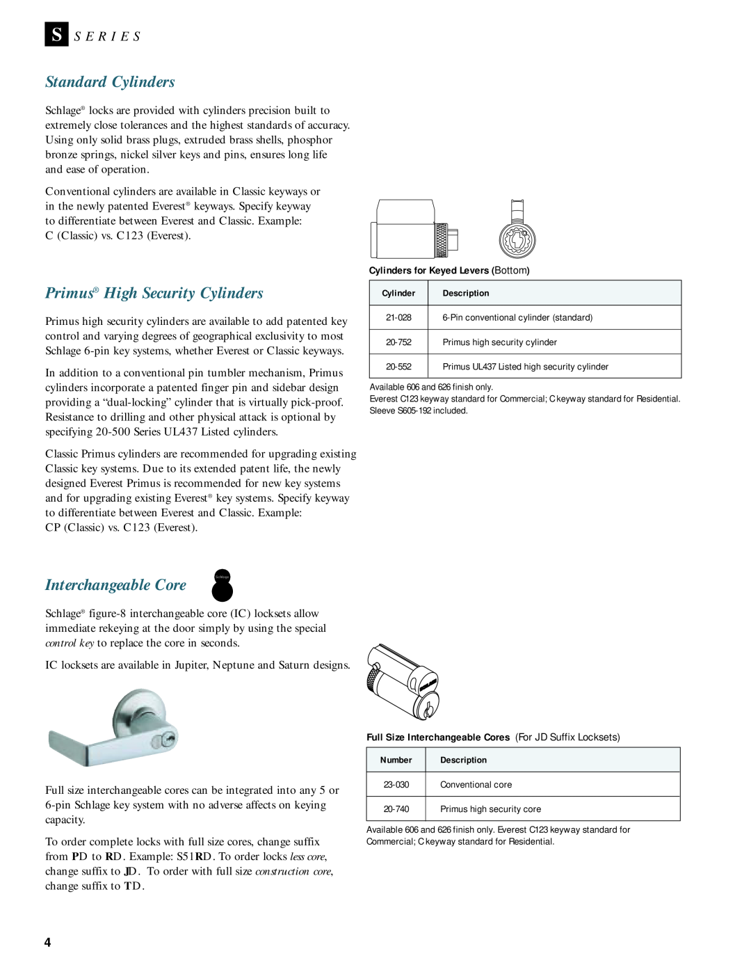 Schlage Door Locks manual Standard Cylinders, Primus High Security Cylinders, Interchangeable Core, S S E R I E S 