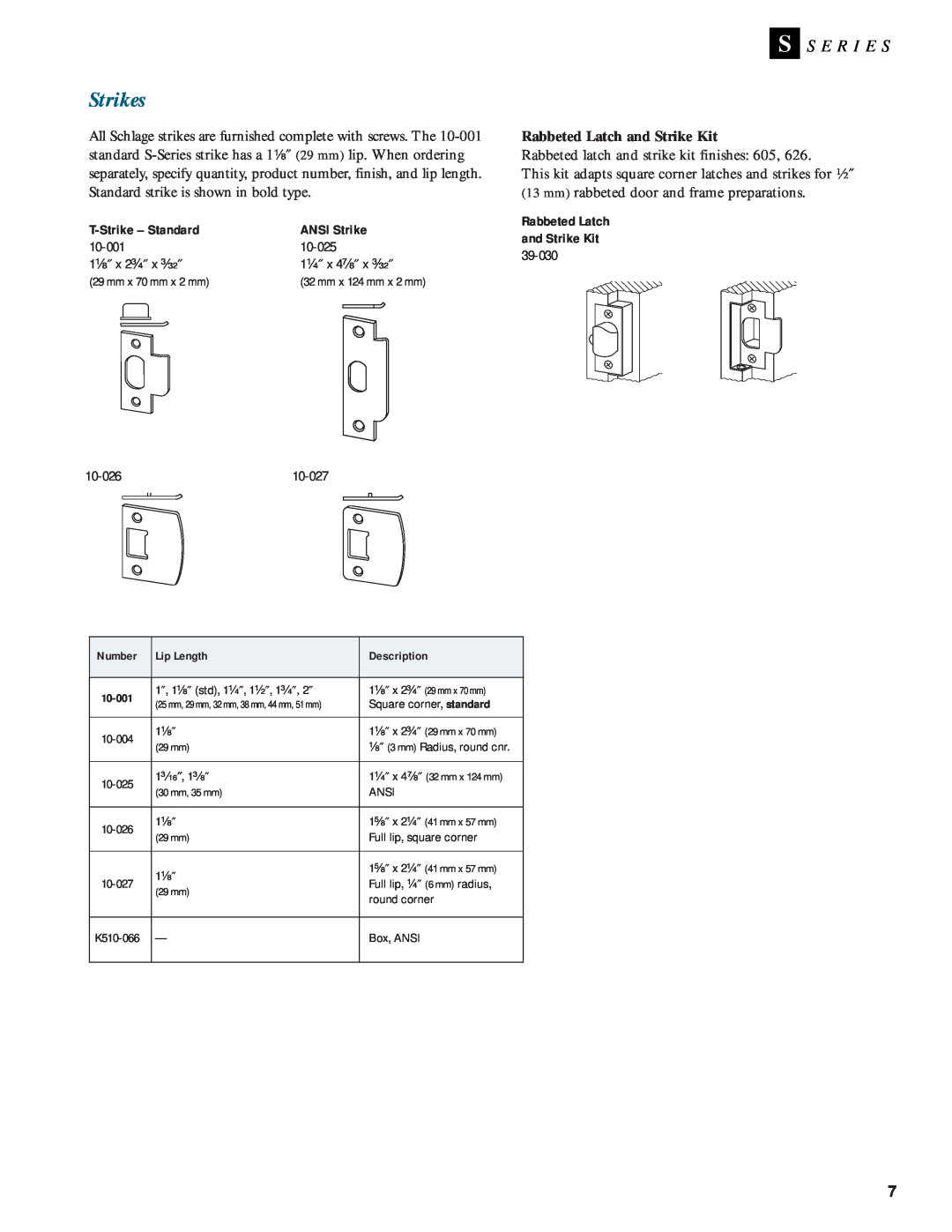 Schlage Door Locks manual Strikes, S S E R I E S, Rabbeted Latch and Strike Kit 