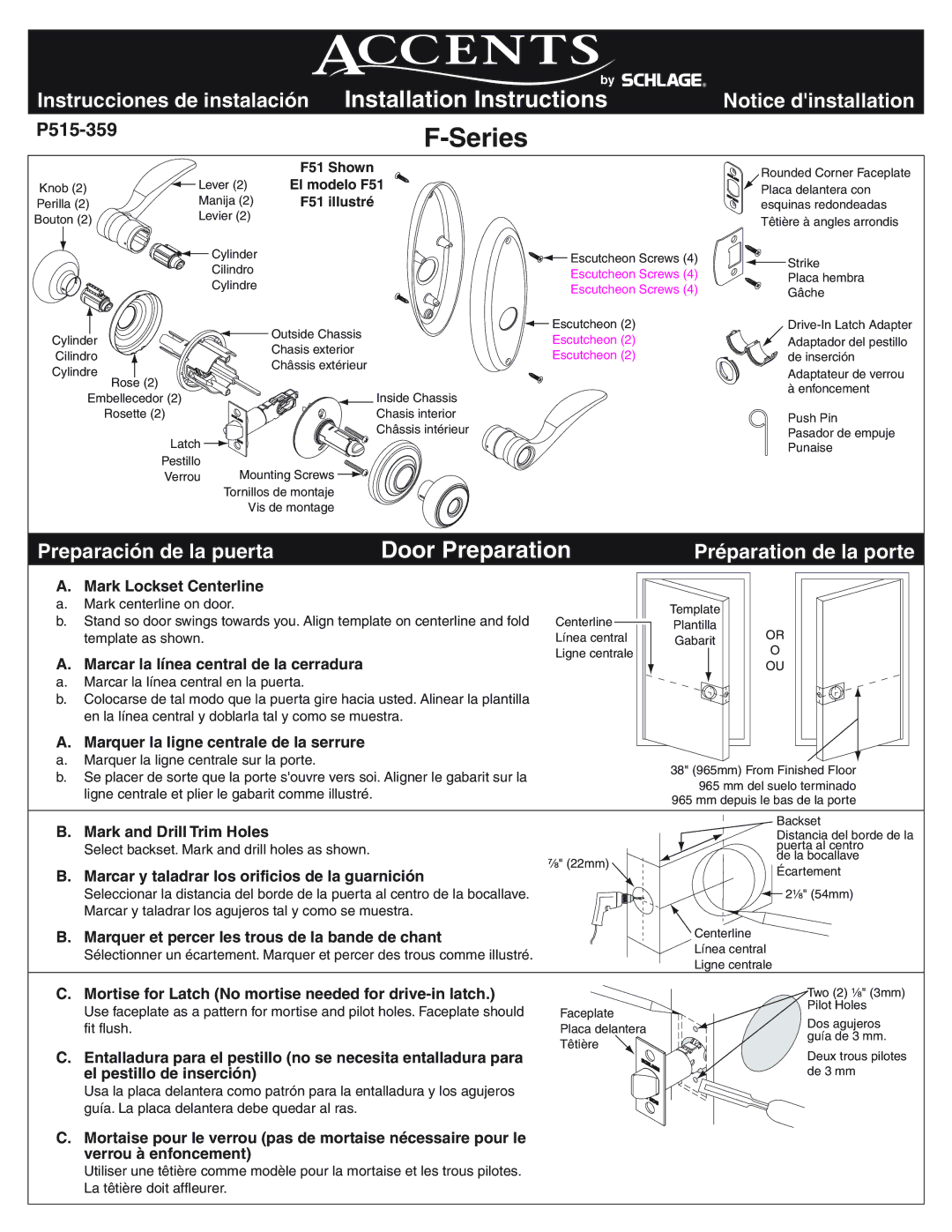 Schlage F-Series installation instructions Mark Lockset Centerline, Marcar la línea central de la cerradura 