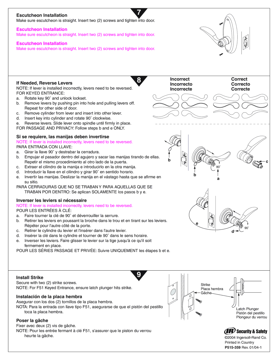 Schlage F-Series Escutcheon Installation, If Needed, Reverse Levers, Inverser les leviers si nécessaire, Install Strike 