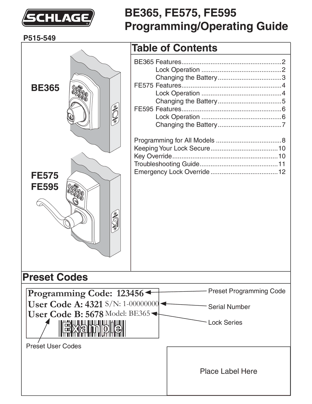 Schlage FE575, FE595, BE365 manual Table of Contents, Preset Codes 