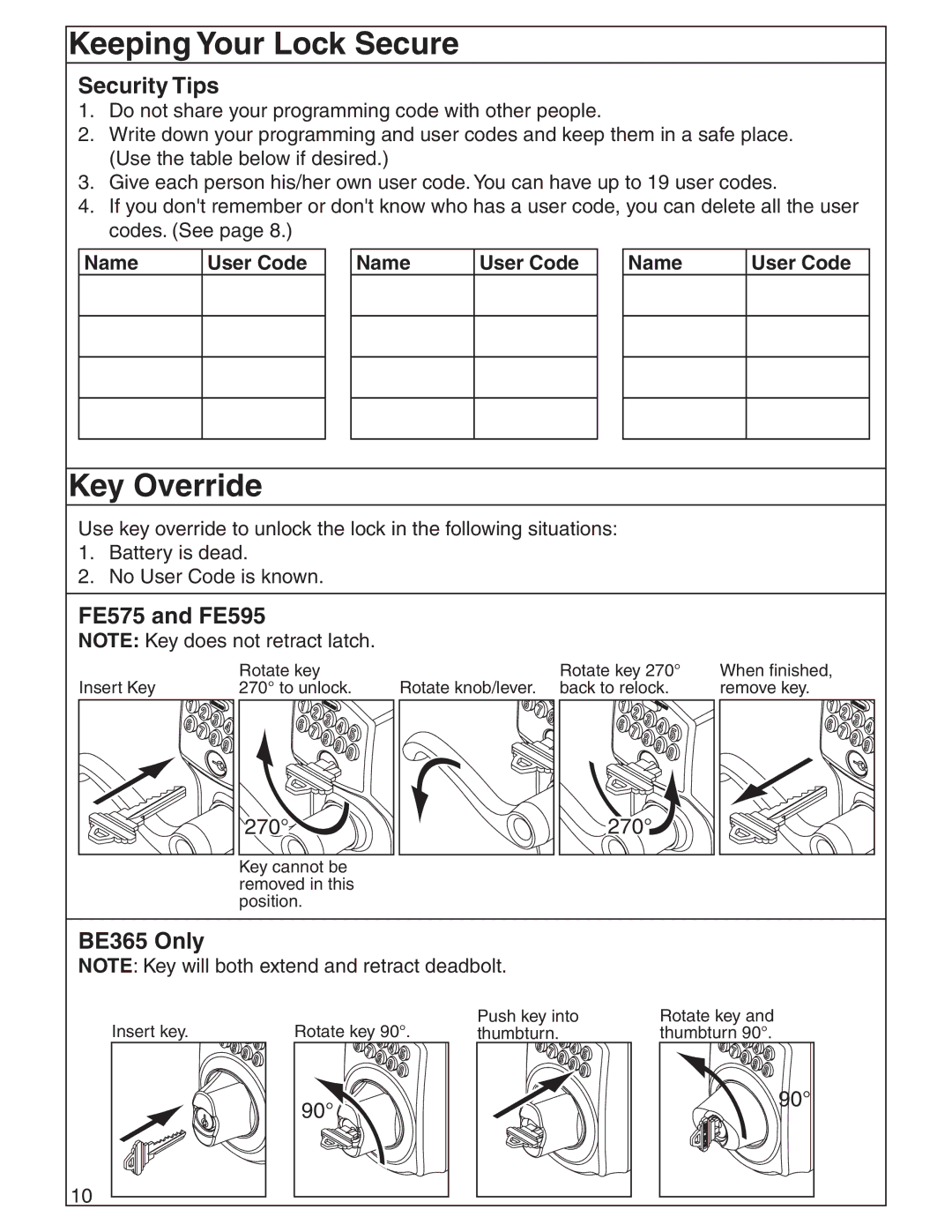 Schlage manual Keeping Your Lock Secure, Key Override, Security Tips, FE575 and FE595, BE365 Only 