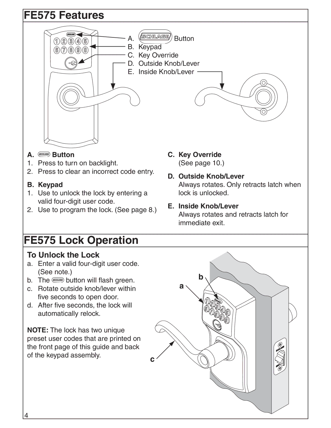 Schlage FE595, BE365 manual FE575 Features, FE575 Lock Operation, To Unlock the Lock 