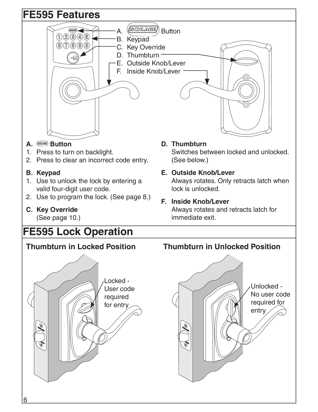 Schlage FE575, BE365 manual FE595 Features, FE595 Lock Operation, Thumbturn in Locked Position 