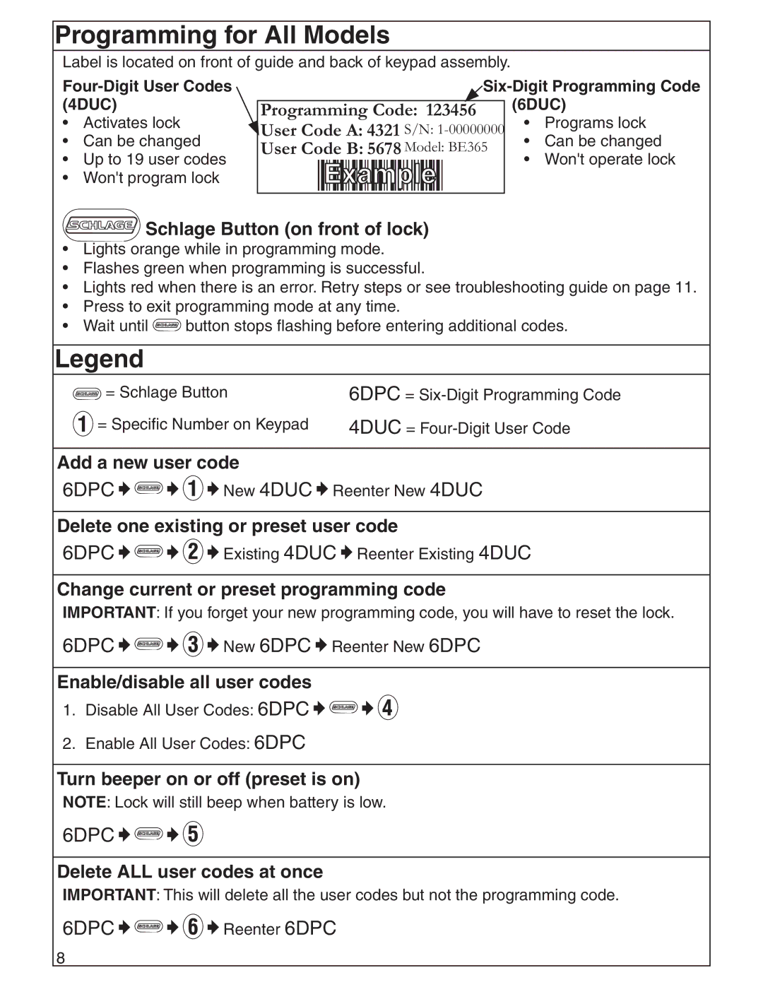 Schlage BE365, FE595, FE575 manual Programming for All Models 