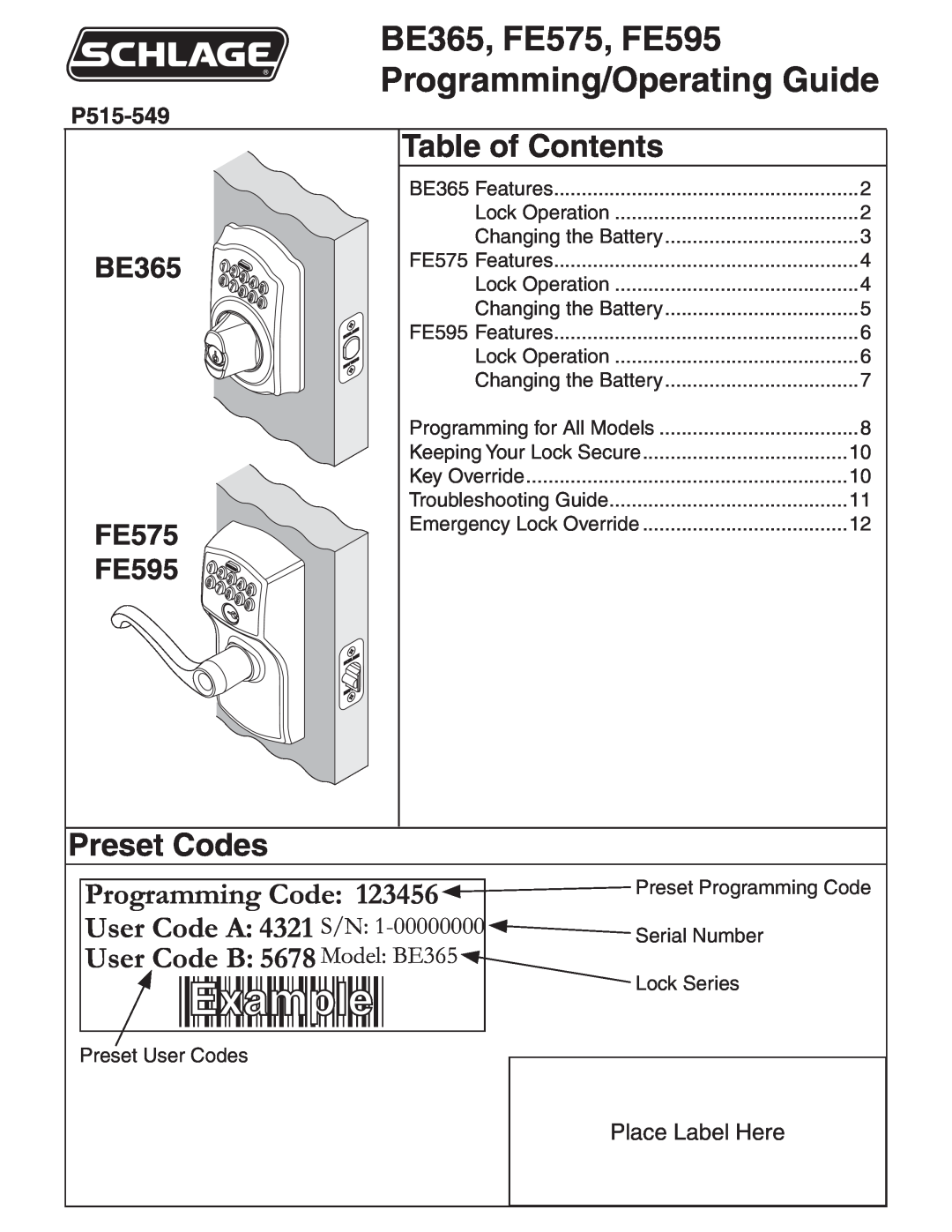 Schlage manual Table of Contents, Preset Codes, P515-549, BE365, FE575, FE595, Programming/Operating Guide 
