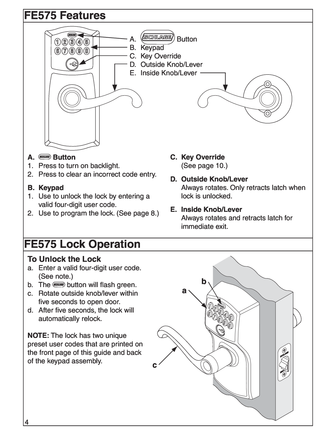 Schlage FE595 FE575 Features, FE575 Lock Operation, To Unlock the Lock, C.Key Override See page D.Outside Knob/Lever 