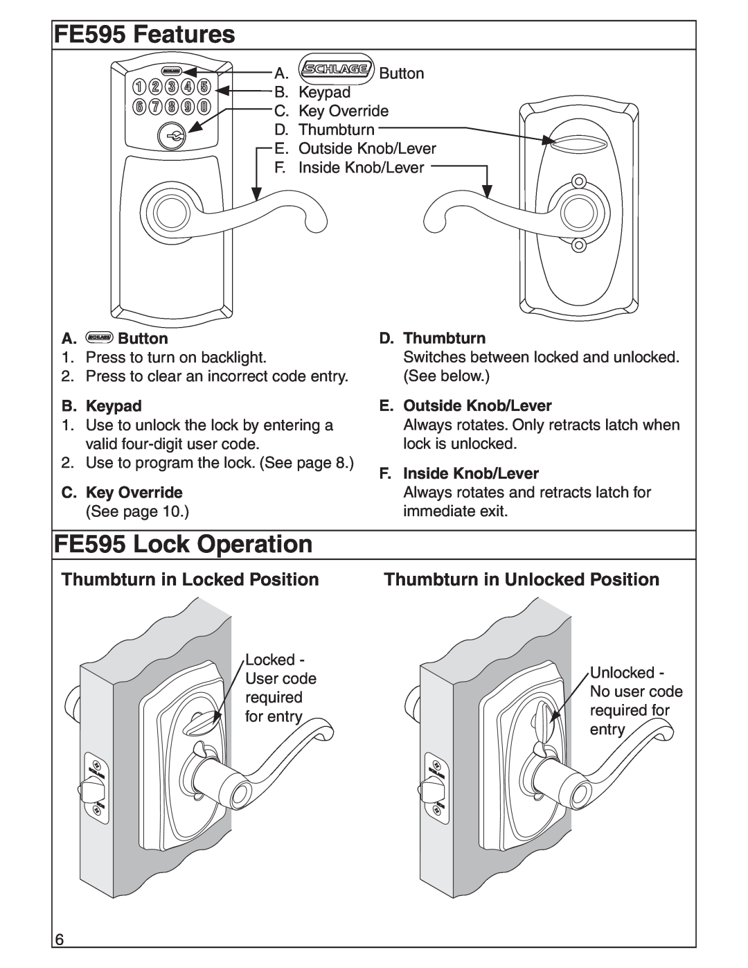 Schlage FE595 Features, FE595 Lock Operation, Thumbturn in Locked Position, Thumbturn in Unlocked Position, D.Thumbturn 
