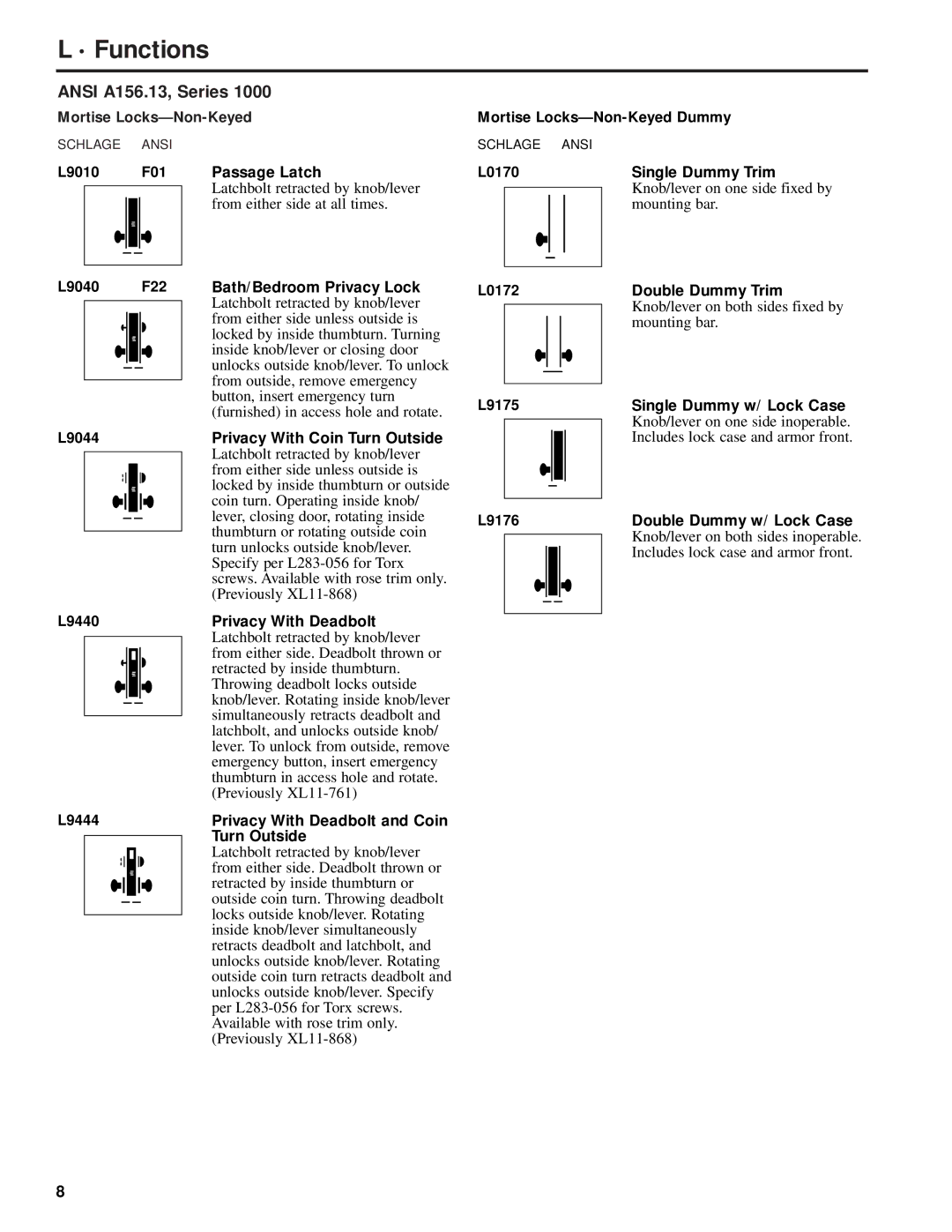 Schlage L-SERIES manual Mortise Locks-Non-Keyed, L9010 F01 Passage Latch, L9040 F22 Bath/Bedroom Privacy Lock 