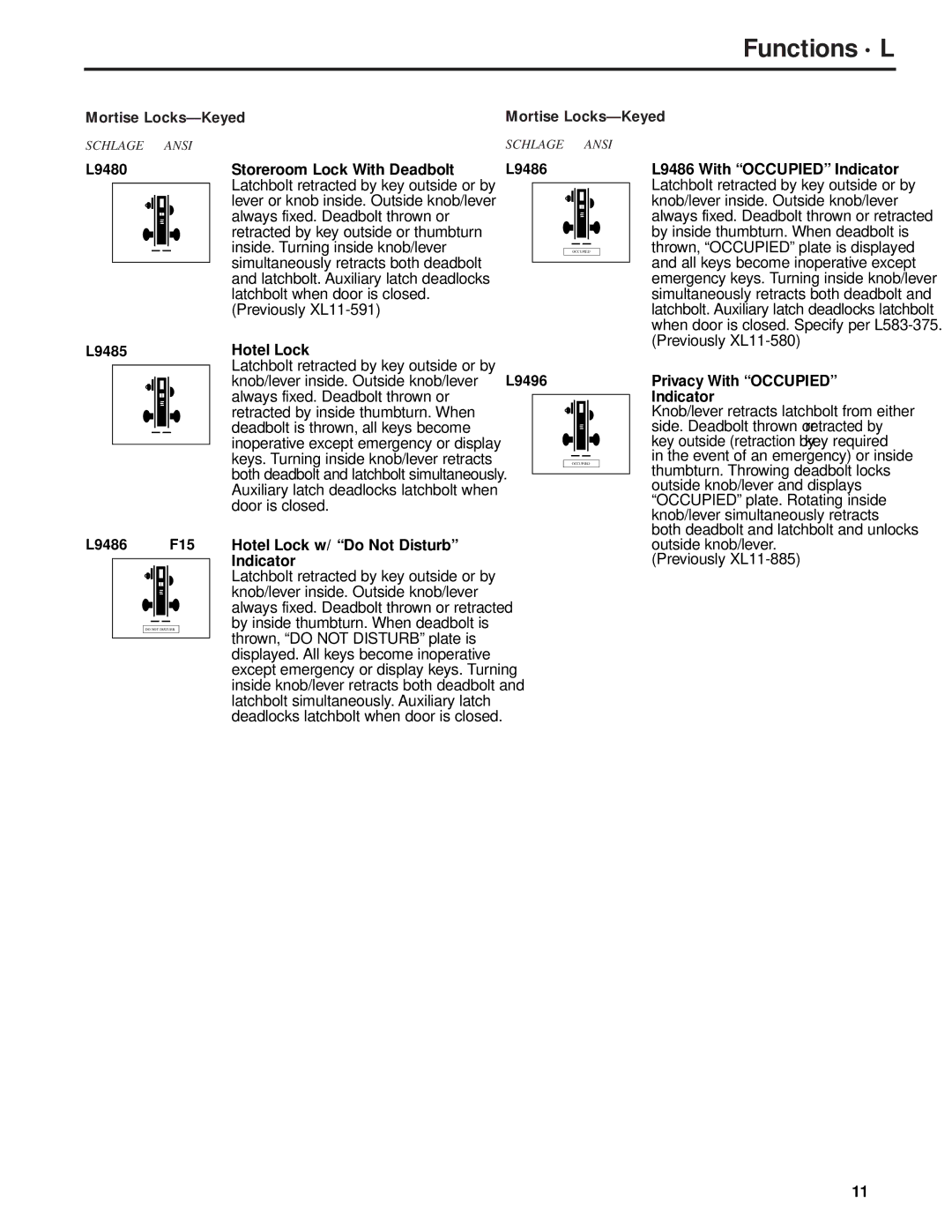 Schlage L-SERIES manual L9480 L9485 L9486 F15, Storeroom Lock With Deadbolt L9486, Hotel Lock, L9496 