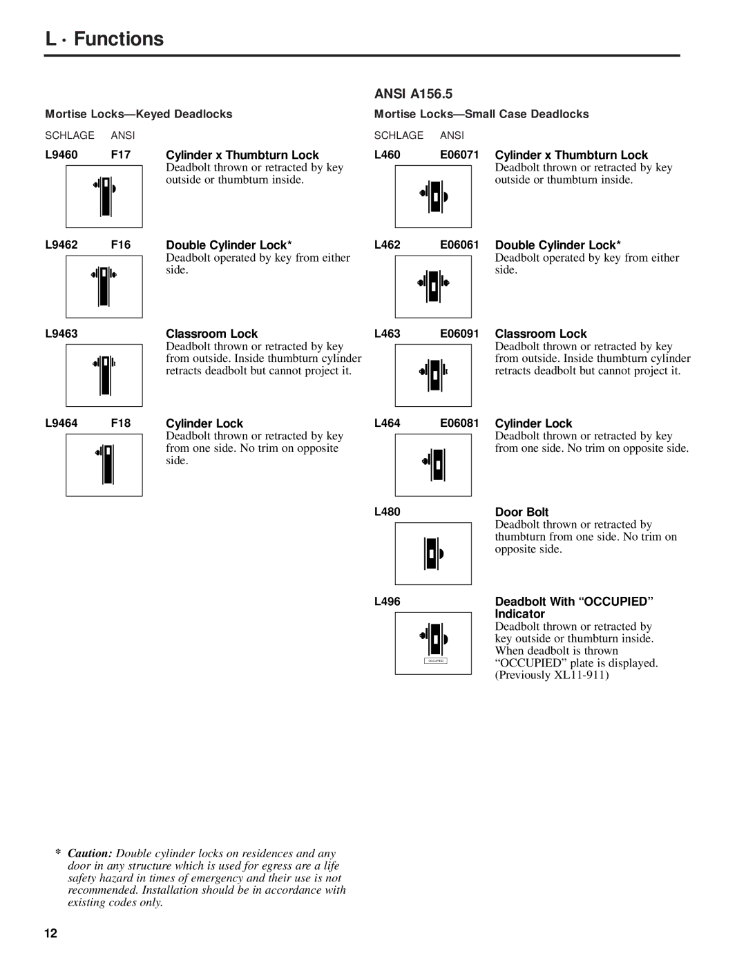 Schlage L-SERIES manual Mortise Locks-Keyed Deadlocks, L9460 F17 Cylinder x Thumbturn Lock, L9462 F16 Double Cylinder Lock 