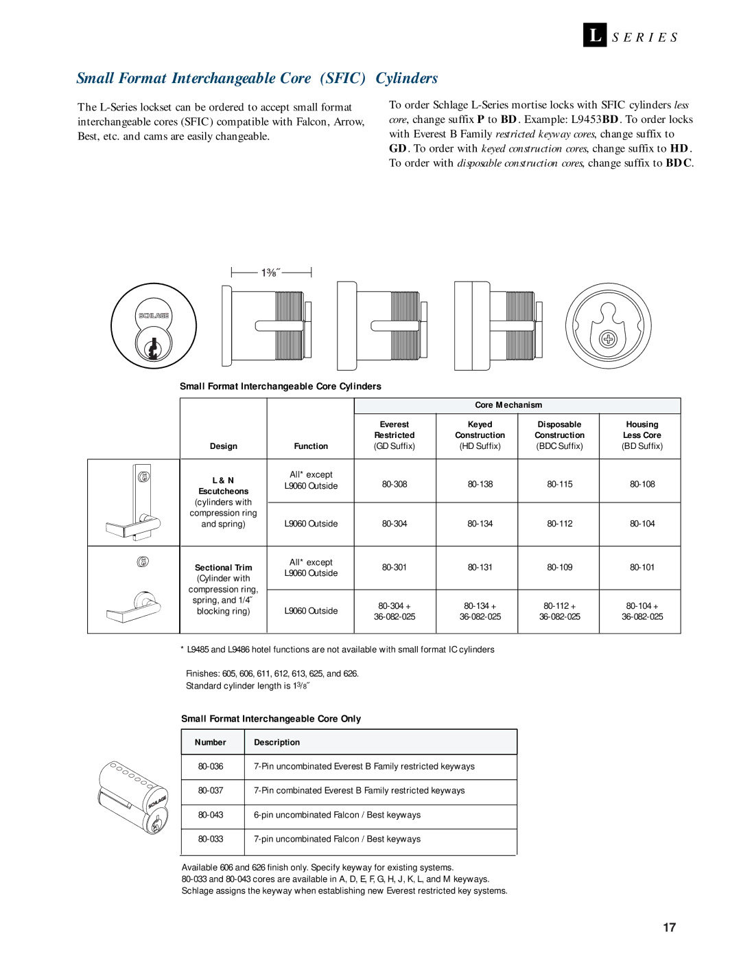 Schlage L-SERIES manual Small Format Interchangeable Core Sfic Cylinders, Small Format Interchangeable Core Cylinders 