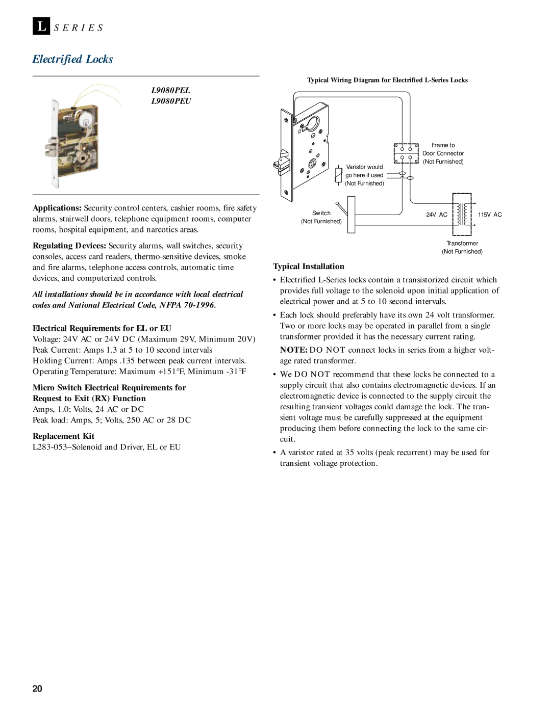 Schlage L-SERIES manual Electrified Locks, L9080PEL L9080PEU 