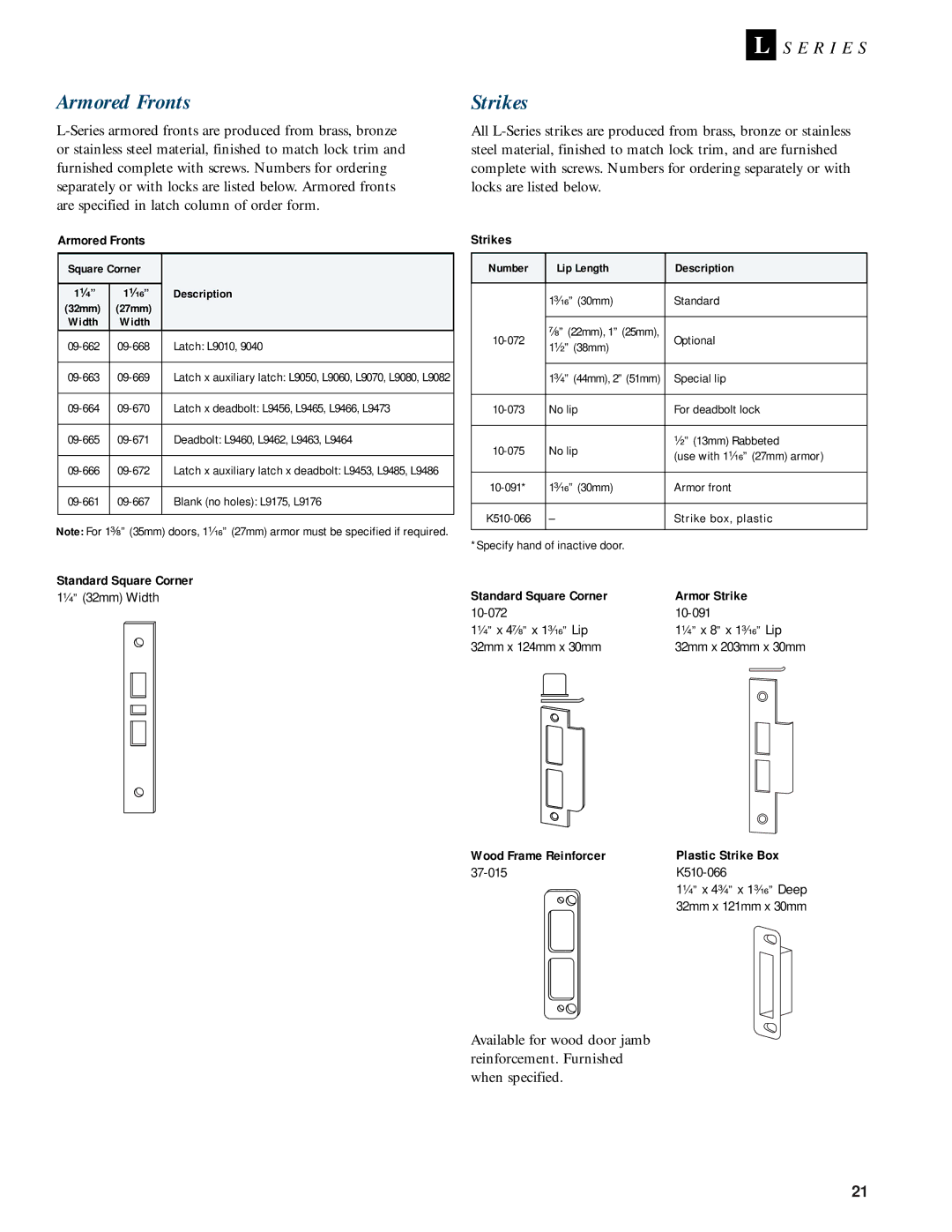 Schlage L-SERIES manual Armored Fronts, Standard Square Corner Armor Strike, Wood Frame Reinforcer Plastic Strike Box 