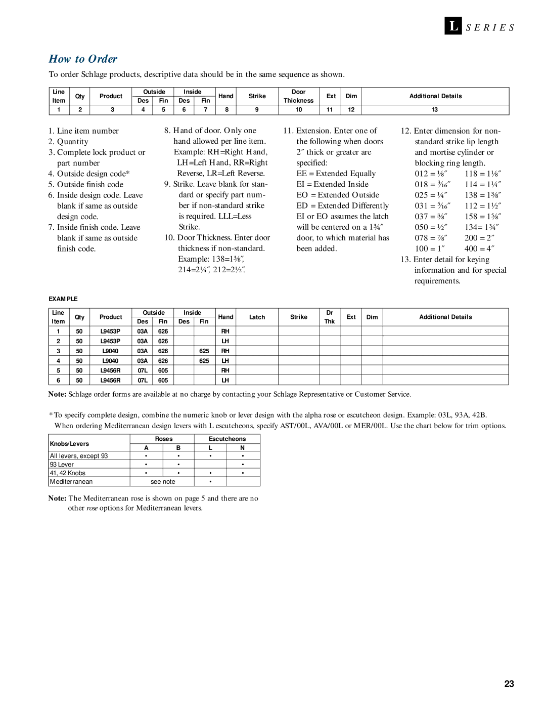 Schlage L-SERIES manual How to Order, 626 625, 605, Knobs/Levers Roses Escutcheons 