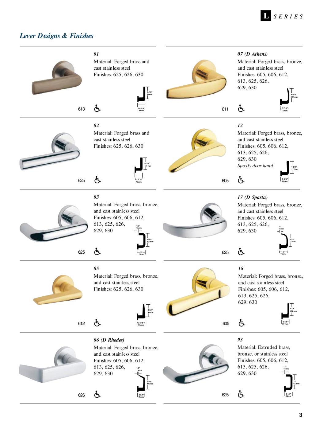 Schlage L-SERIES manual Lever Designs & Finishes, 625, 626 