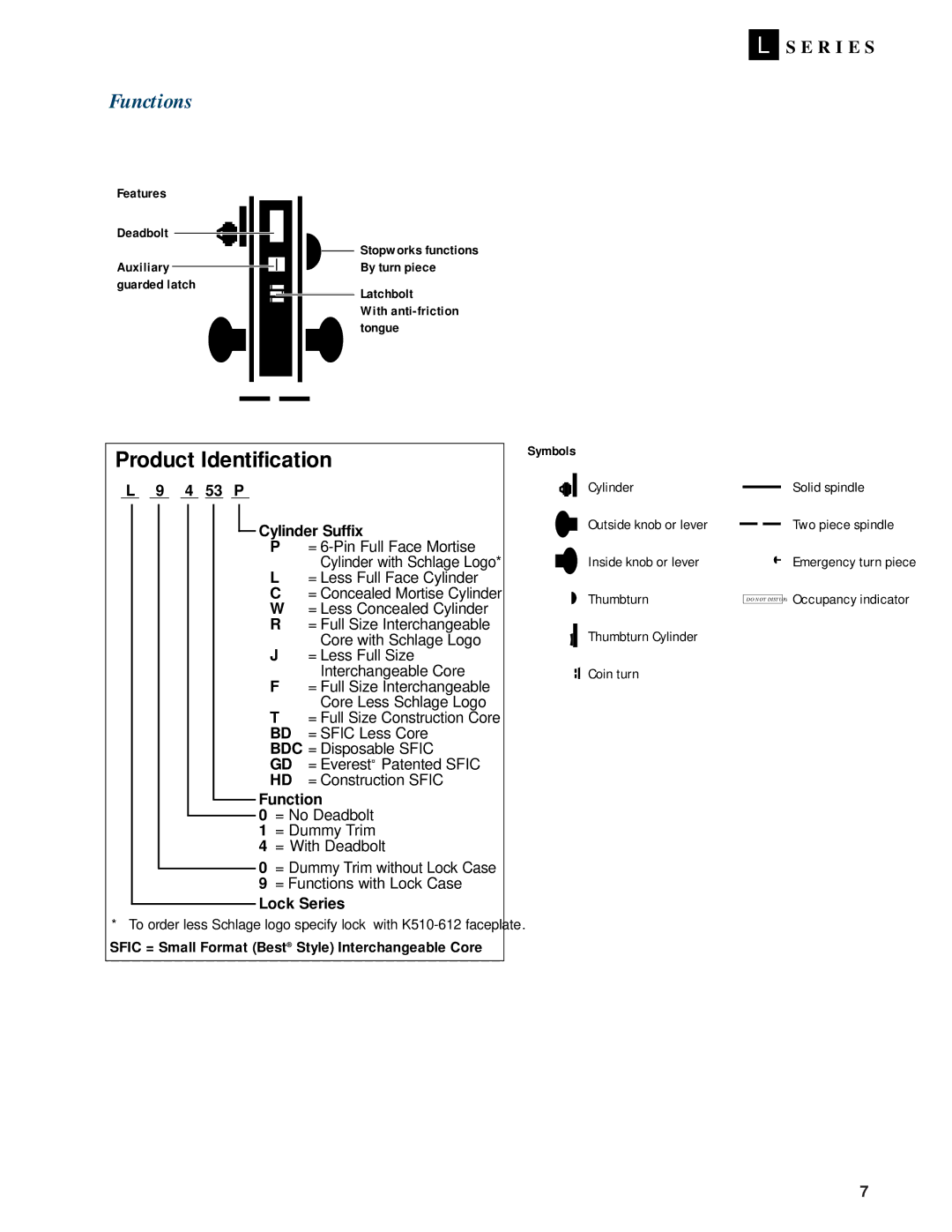 Schlage L-SERIES manual Functions, 4 53 P Cylinder Suffix, Lock Series 