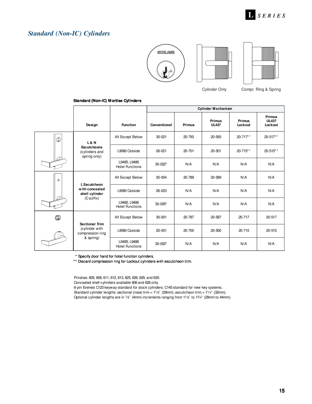 Schlage L-SERIES manual Standard Non-ICCylinders, L S E R I E S, Standard Non-ICMortise Cylinders 