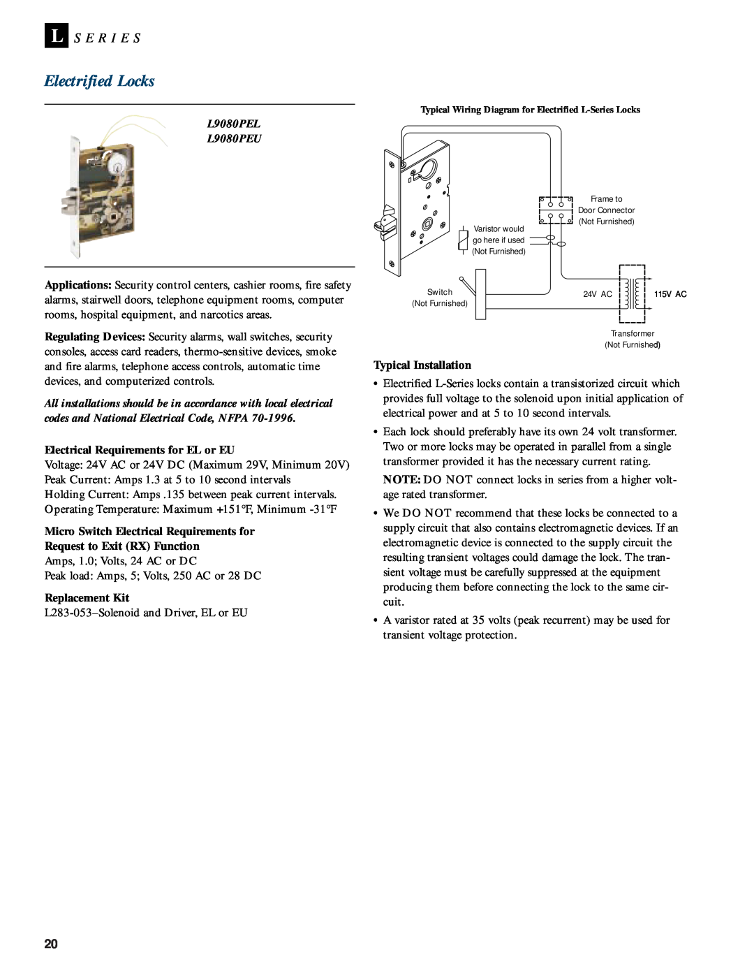 Schlage L-SERIES manual Electrified Locks, L S E R I E S, L9080PEL L9080PEU, Electrical Requirements for EL or EU 