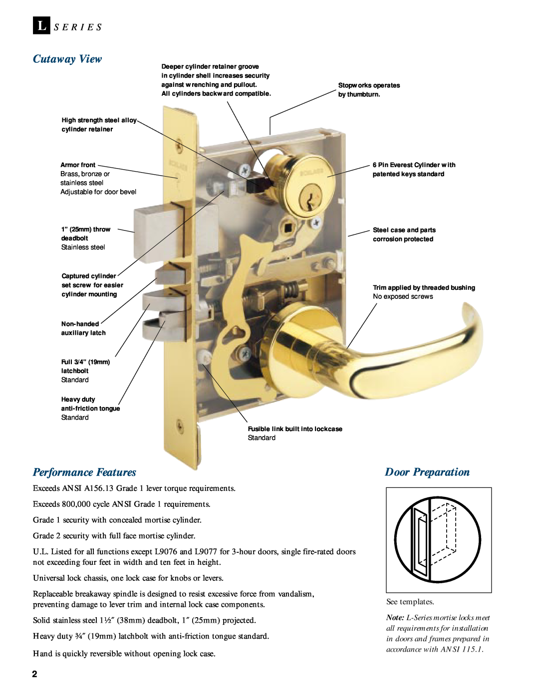 Schlage L-SERIES manual Cutaway View, Performance Features, Door Preparation, L S E R I E S 